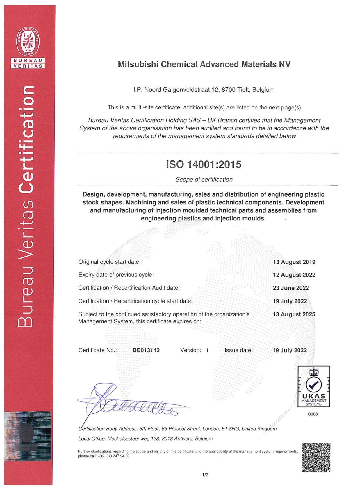 ISO 14001-2015 MCAM Tielt Certificate