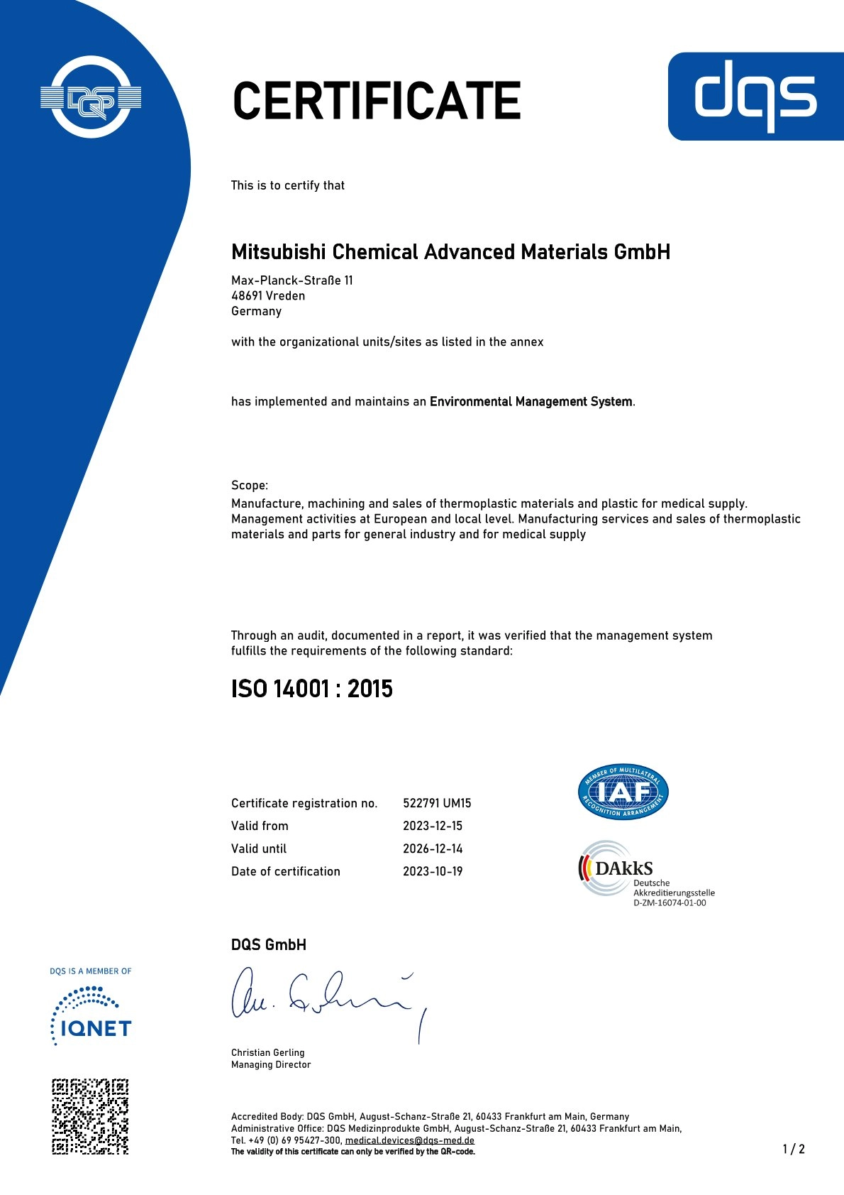 ISO 14001-2015 MCAM Vreden Certificate