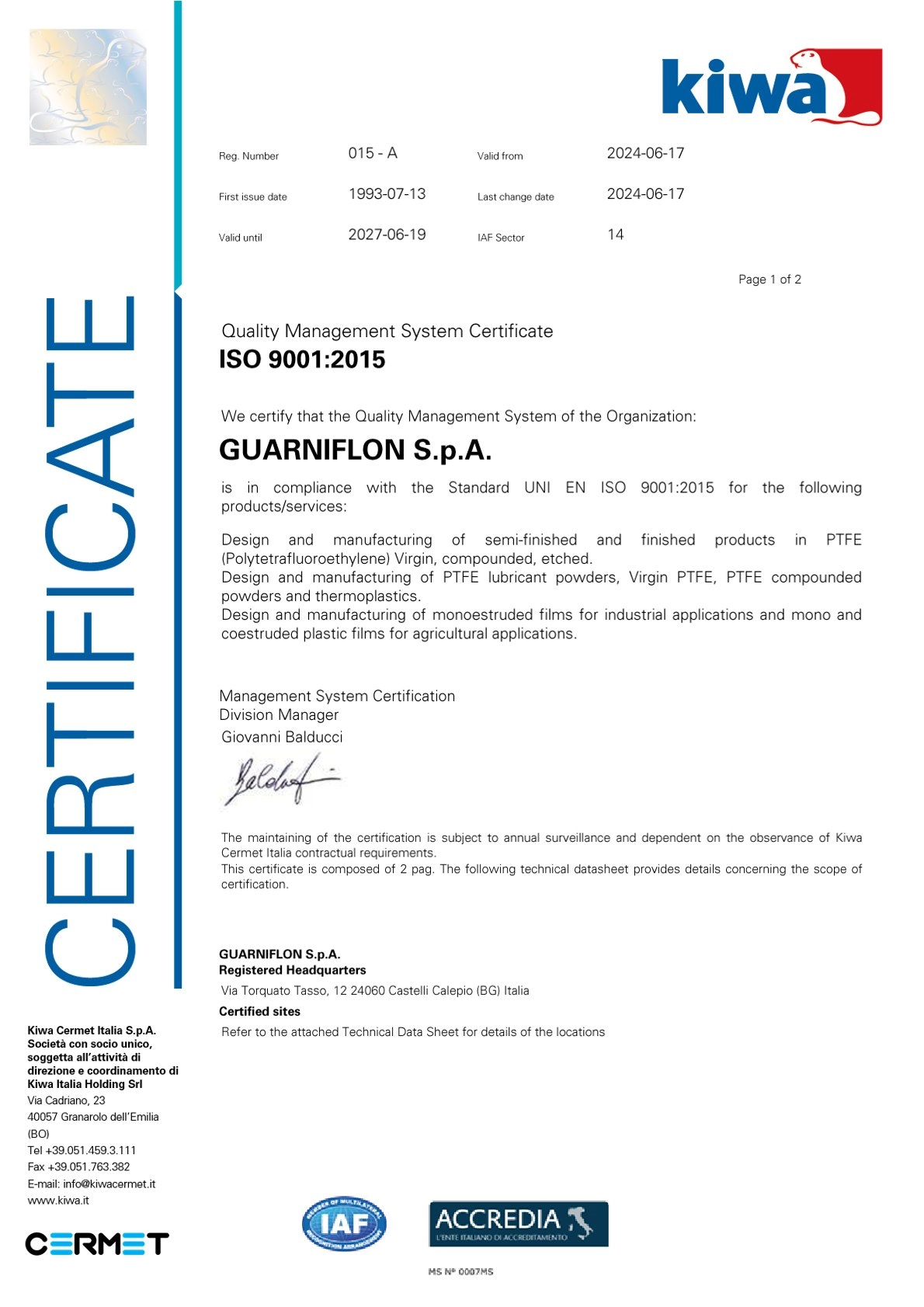 ISO 9001-2015 Guarniflon Certificate