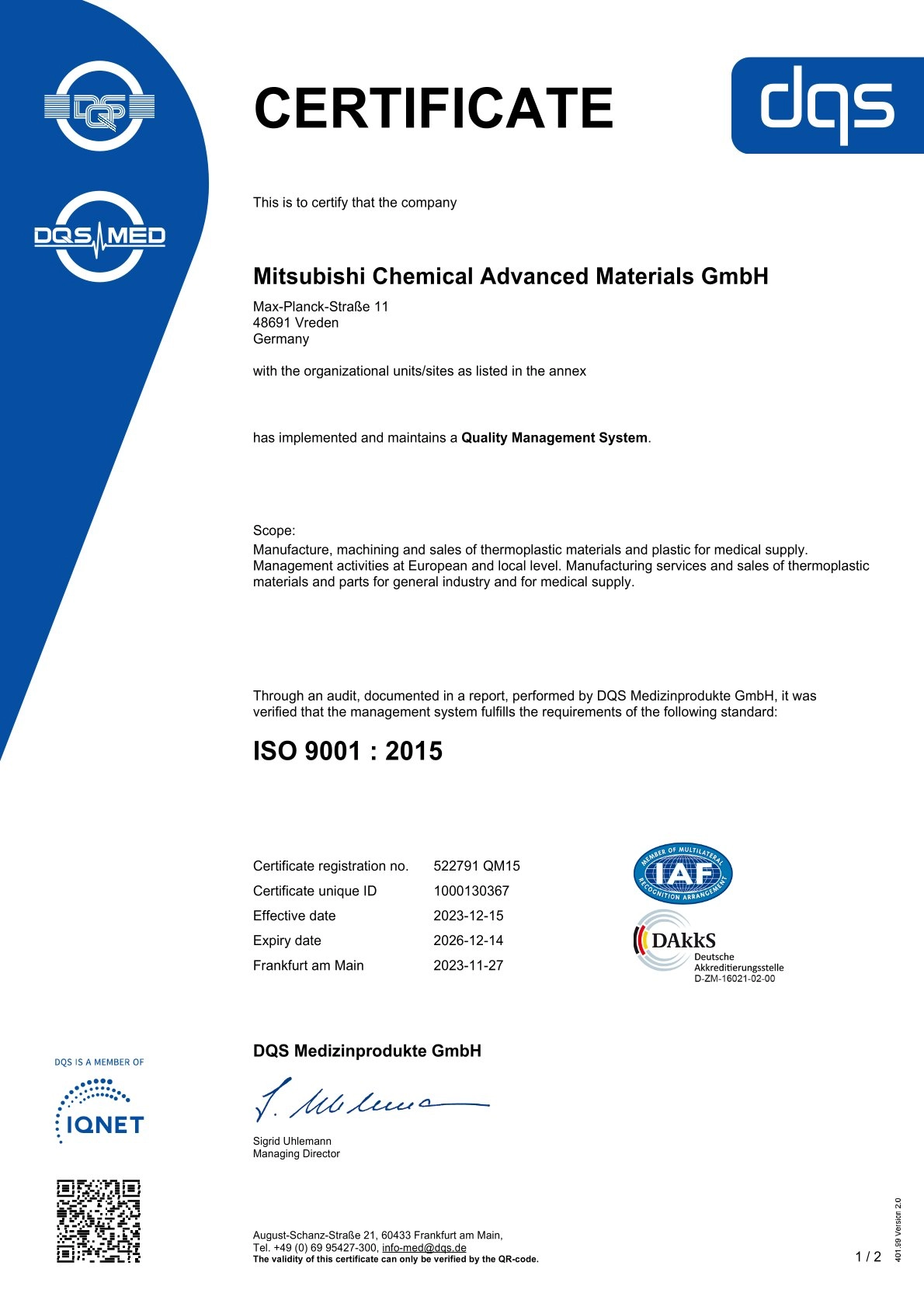 ISO 9001-2015 MCAM Vreden Certificate