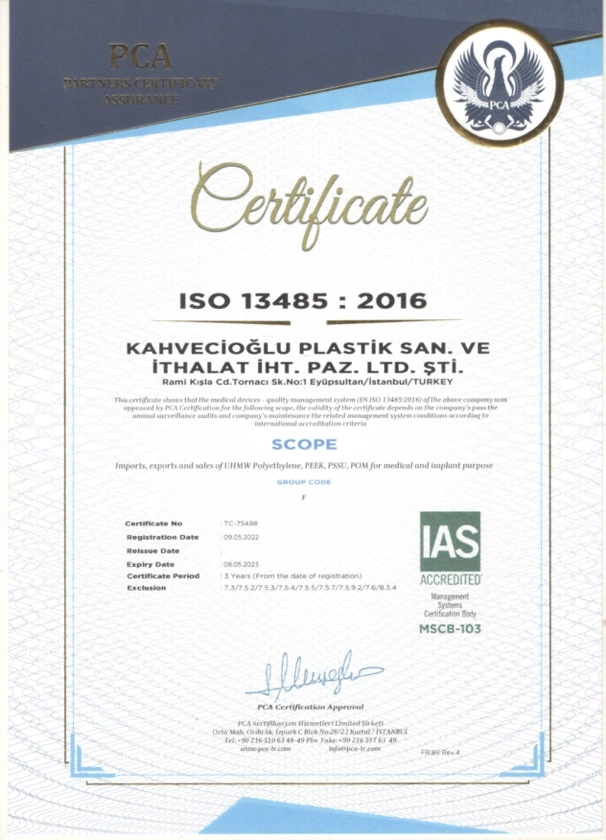 ISO 13485-2016 Kahvecioglu Plastik Certificate