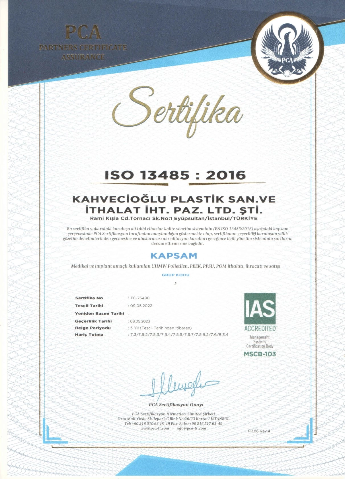 ISO 13485-2016 Kahvecioglu Plastik Sertifika